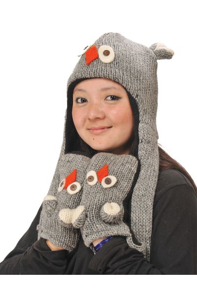Grey Owl Animal Hat w' Scarves