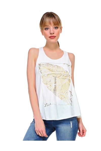 Feather Printed Off-White Poly Tank