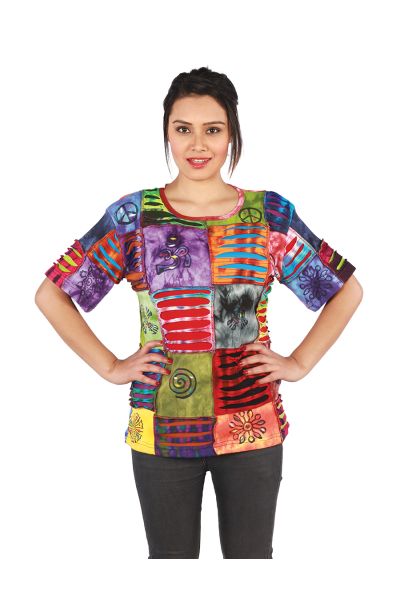 Razor Cut Patchwork Scoop Neck Half Sleeve Cotton Top