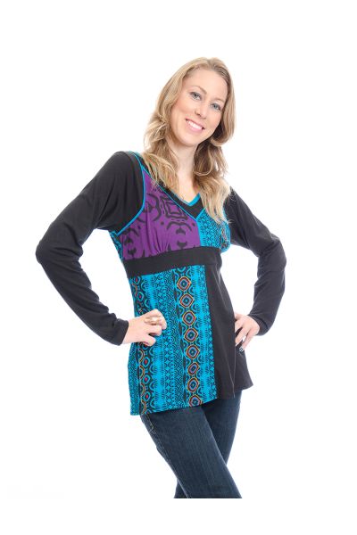Black & Purple Abstract V-Neck Full Sleeve Cotton Top