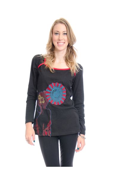 Red & Black Abstract Full Sleeve Cotton Top