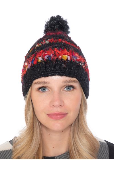 Pom Pom Beanie with Recycled Silk Stripes