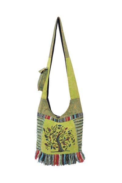 The Collection Royal Tree of Life Fringed Cotton Hobo Bag Green