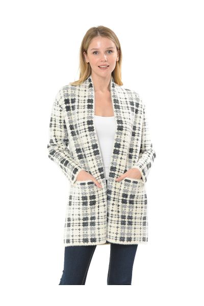 Checkered Fuzzy Cardigan W' Pockets