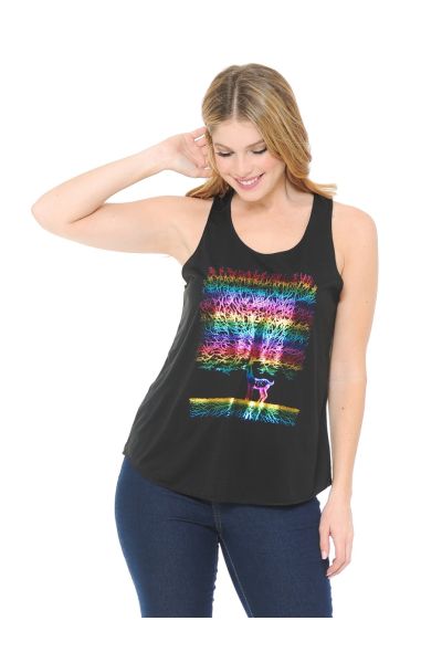 Rainbow Foiled Deer Tree Black Tank